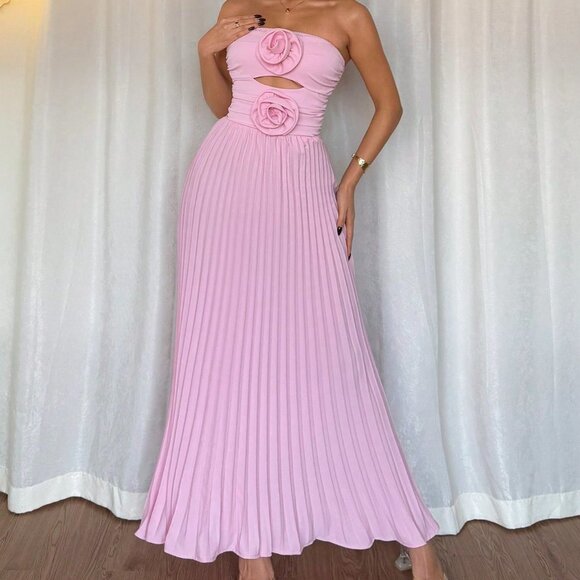 Pink Elegant Women's Strapless Minimalistic Casual Dress - Picture 5 of 6